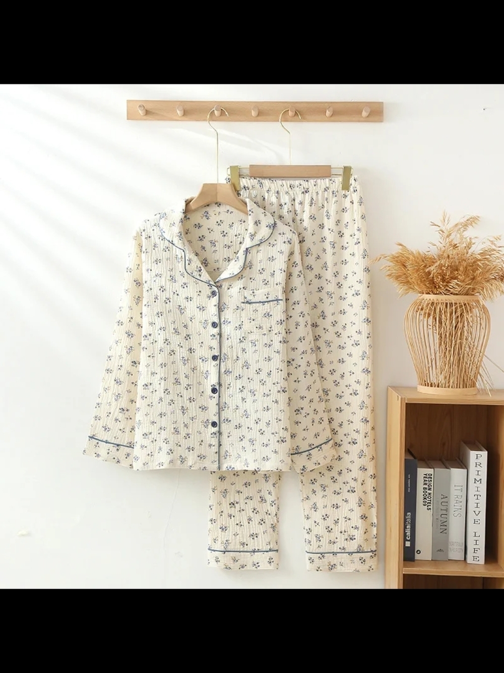 Cream Floral Pajama Set with Navy Trim - Women's Two-Piece Sleepwear